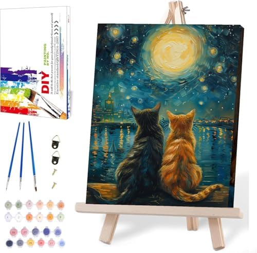 Cat Paint by Numbers for Adults with Easel, Framed Painting by Numbers kit on Canvas for Beginners, Starry Night Oil Painting Set Craft Supplies, 3 Paintbrushes and Acrylic Paint 12x16 Inch by Clendo