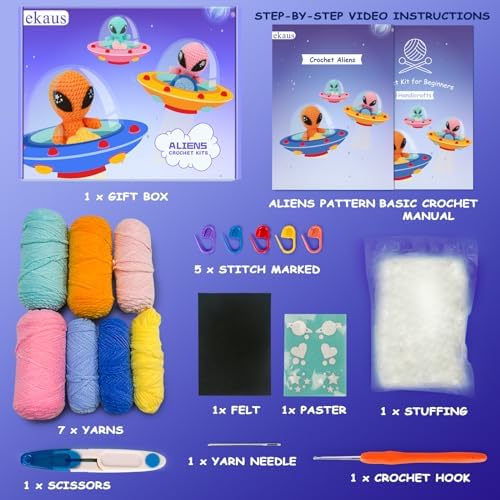 ekaus Crochet Kit for Beginners, Crochet Kit with Step-by-Step Video Tutorials, Crochet DIY Knitting Supplies for Adults, Crochet Aliens(45%+ Yarn) - Image 2