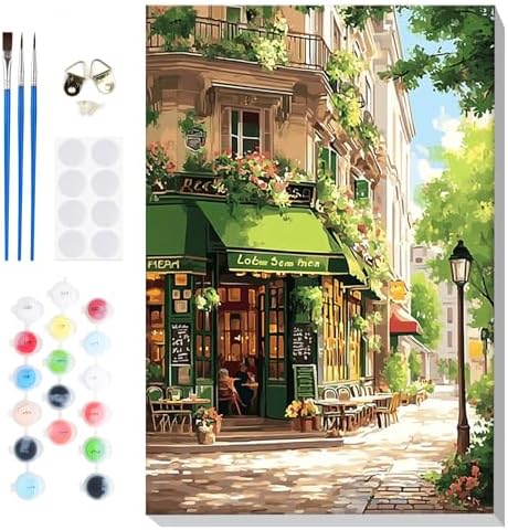 Bowetile Framed Street Cafe Paint by Numbers Kit for Adults, Adults' Paint-by-Number Kits on Canvas, Painting by Numbers Spring, DIY Acrylic Number Painting for Home Wall Decor, 8x12in by BOWETILE