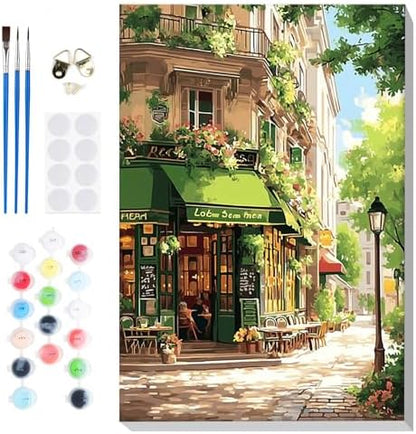 Bowetile Framed Street Cafe Paint by Numbers Kit for Adults, Adults' Paint-by-Number Kits on Canvas, Painting by Numbers Spring, DIY Acrylic Number Painting for Home Wall Decor, 8x12in by BOWETILE