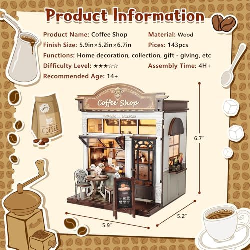 DIY Miniature House Kit, Coffee Shop Book Nook Kit, Mini Building Kit, Dollhouse Kit for Adults and Teens, 3D Wooden Puzzles with LED Light, Craft Kit for Family and Friends(Retro Coffee Shop) - Image 3
