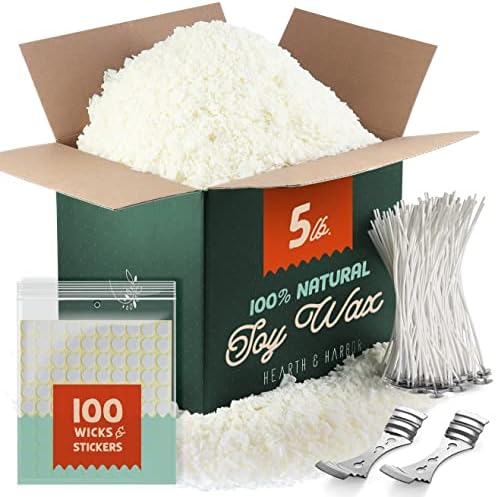 Hearth & Harbor Soy Candle Wax for Candle Making, Natural Soy Wax for Candle Making 5 lb Bag with Supplies, 100 Cotton Candle Wicks, 100 Wick Stickers, 2 Centering Devices - 5 Pounds Soy Wax Flakes by HearthHarbor