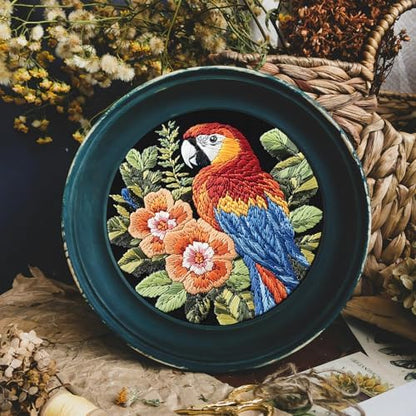 FONNUY Embroidery Kit for Beginners, Birds with Flowers Pre-Stamped Pattern Kits for Adults with Hoop, Easy to Follow Color Thread Needlework, 8'' Hoop (Red Parrot) - Image 3