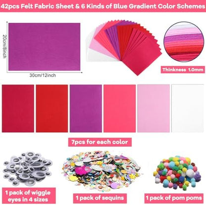 gisgfim 42Pcs Valentine's Day Pink-Purple Felt Fabric Sheet Craft Kit 8 x 12 Inch Assorted Soft Pink Felt Pack with Wiggle Eye Stickers Pom Poms Glitter Craft Supply for DIY Sewing Creative Art Deco - Image 2