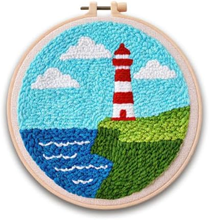 DIY Punch Needle Kit for Beginners, All-in-One Embroidery Starter Set for Adults & Teens with Pre-Stamped Fabric, Soft Yarn & Adjustable 7.87IN Hoop for Wall Art & Home Decor Craft (Light House) by HYINUS
