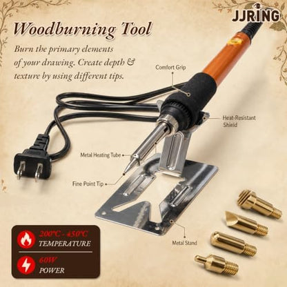 JJRING Wood Burning Kit - 62PCS Professional Wood Burning Tool With Adjustable Temperature Pyrography Pen, 24-Color Paint Set, Wood Slices & Stencils, Complete Wood burner Crafts Kit For Beginners - Image 4