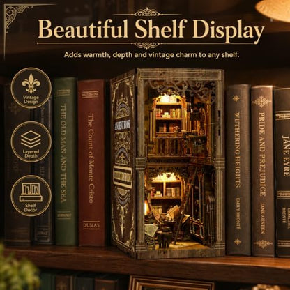 Book Nook Kit for Adults, DIY Wooden Bookshelf Insert with LED Light, Miniature House Puzzle, Vintage Shelf Decor, Gift for Book Lovers - Image 5
