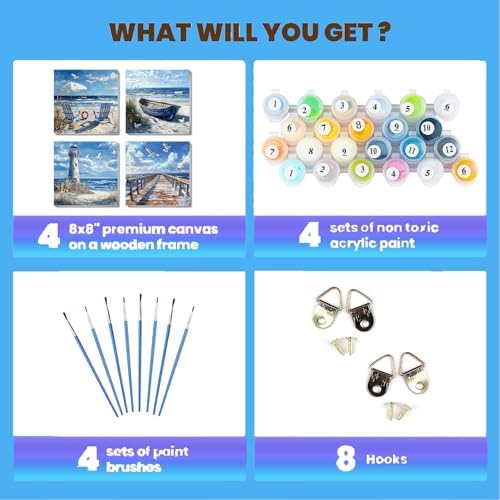Clendo 4 Pack Beach Paint by Numbers Kit for Adults Beginners Framed - DIY Coast Adults Paint by Numbers Kits on Canvas, Small Easy Acrylic Oil Painting for Home Wall Decor (8 x 8 Inch) - Image 5