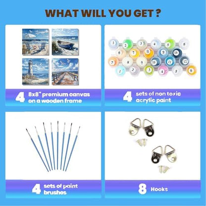 Clendo 4 Pack Beach Paint by Numbers Kit for Adults Beginners Framed - DIY Coast Adults Paint by Numbers Kits on Canvas, Small Easy Acrylic Oil Painting for Home Wall Decor (8 x 8 Inch) - Image 5
