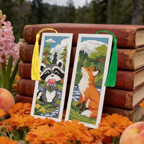 INFUNLY Forest Animals Cross Stitch Bookmark Kit 10x7.7 Wildlife Stamped Embroidery Bookmark Set Fox Raccoon Panda Needlework Bookmarks Kit Deer Goose Handmade Cross Stitch Bookmarks for Writer Gift - Image 6