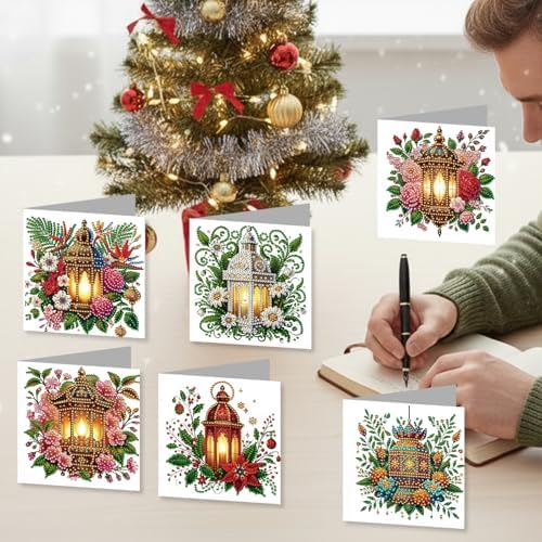 jinglinhh 12pcs Christmas Poinsettia Night Light Diamond Art Painting Greeting Cards with Envelopes, DIY Card Making Kits for Adults, Diamond Art Christmas Cards for Holiday Postcards Craft Gifts - Image 3