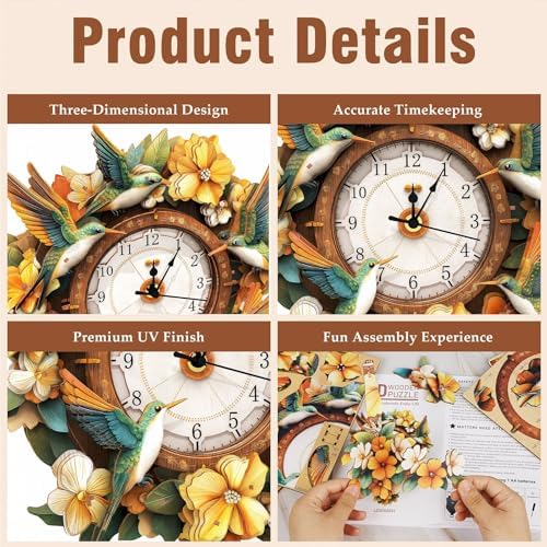 3D Puzzles for Adults, Hummingbirds Wall Clock 3D Wooden Puzzles Clock Kits for DIY Birthday Gift for Women Men Home Decor Holiday Christmas - Image 2