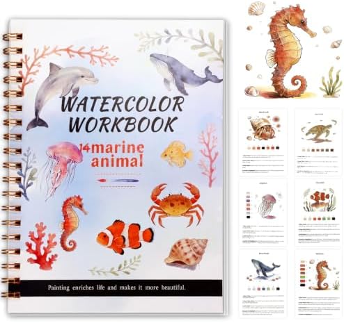 Landhoow Marine Animals Watercolor Workbooks, Water Coloring Book for Adult Beginners 14 Marine Life Designs Friendly Painting Arts Crafts Exploration Gifts for Birthday Back to School by Landhoow