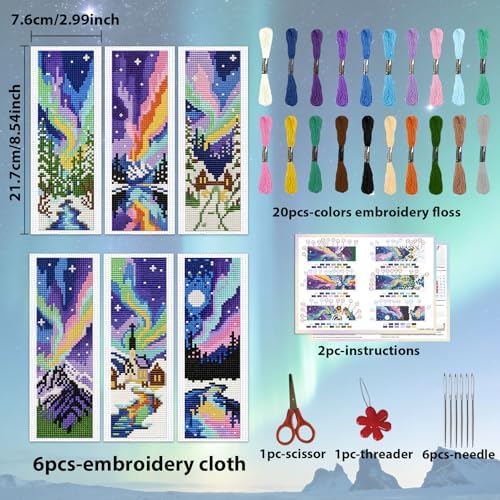 ACRNIGHEET 6PCS Cross Stitch Bookmark Kits for Beginners Colorful Aurora - Image 2