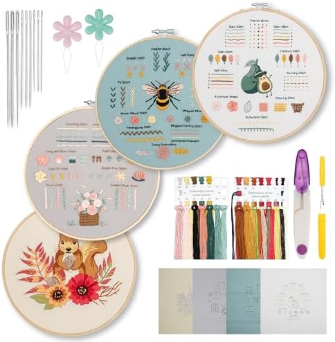 kasateri 4 Sets Beginner Embroidery Kit, Embroidery Kit for Beginners Adults Easy Hand Embroidery with Tools Bamboo Hoop Stamped Cloth Starter Cross Stitch Kits Needlepoint Craft Kits for Adults by Unknown