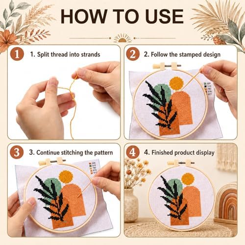 ZOIIWA 6PCS Boho Embroidery Kit for Beginners Adults Summer Cross Sewing Kits DIY Starter Hand Embroidery Kit with Needlepoint Patterns Hoop Threads Needles Instructions Craft Gift for Home Decor - Image 4