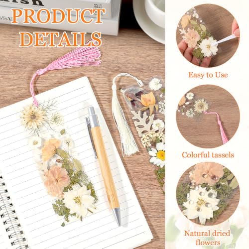 20 Sets Dried Flower Bookmark Making Kit Transparent Bookmark DIY Projects Craft Gift Bulk PET Sticker with Color Tassels and Tweezer for Classroom Activities Reading Award and Book Lovers (Boho) - Image 3