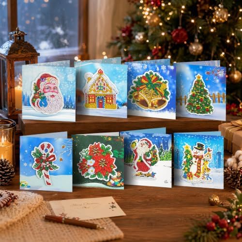 8PCS Winter Christmas DIY Greeting Card Kits with Envelopes Diamond Art Greeting Cards Diamond Art Cards Kits for Adults DIY Crafts Family Friend Gifts - Image 7