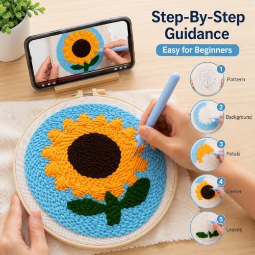Sunflower Punch Needle Kit for Beginners Adults, with Embroidery Hoop - Image 3