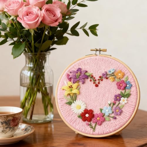 INFUNLY Punch Needle Kit for Beginners Adults Heart Floral Punch Needle Kits with Fabrics Floss Instruction Flower Wreath Needlepoint Embroidery Kits for Craft Lovers and Home Decor - Image 5
