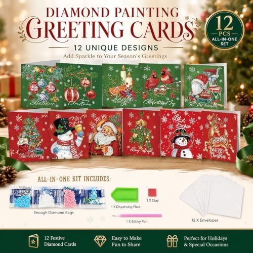 NUOFIX 12 PCS Diamond Art Christmas Cards with Envelopes, Christmas Crafts for Adults, Diamond Painting Kits for Card Making, Holiday DIY Kits (Green) - Image 3