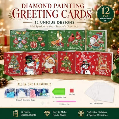 NUOFIX 12 PCS Diamond Art Christmas Cards with Envelopes, Christmas Crafts for Adults, Diamond Painting Kits for Card Making, Holiday DIY Kits (Green) - Image 3