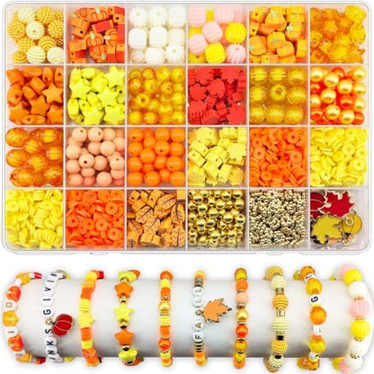 1470Pcs Fall Bracelets Kit - Thanksgiving Fall Beads for Jewelry Making - Autumn Maple Leaf Pumpkin Clay Beads Pearl Star Round Loose Spacer Heishi Beads for Necklace Earrings DIY Craft by JJzxwish