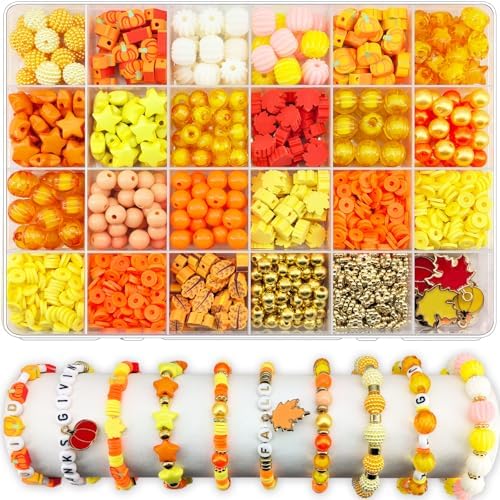 1470Pcs Fall Bracelets Kit - Thanksgiving Fall Beads for Jewelry Making - Autumn Maple Leaf Pumpkin Clay Beads Pearl Star Round Loose Spacer Heishi Beads for Necklace Earrings DIY Craft by JJzxwish