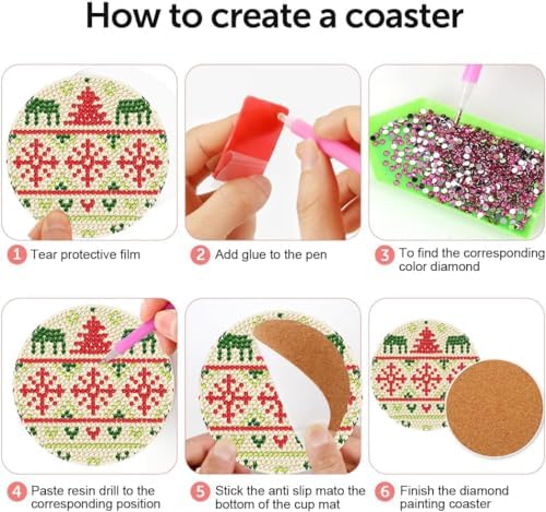 DOTZSO 8 Pcs Christmas Diamond Painting Coasters with Holder Diamond Art Coasters for Beginners Adults & Beginner Diamond Art Kits for Adults Craft Supplies - Image 3