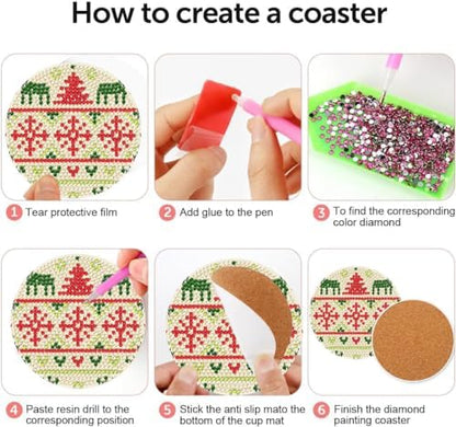 DOTZSO 8 Pcs Christmas Diamond Painting Coasters with Holder Diamond Art Coasters for Beginners Adults & Beginner Diamond Art Kits for Adults Craft Supplies - Image 3