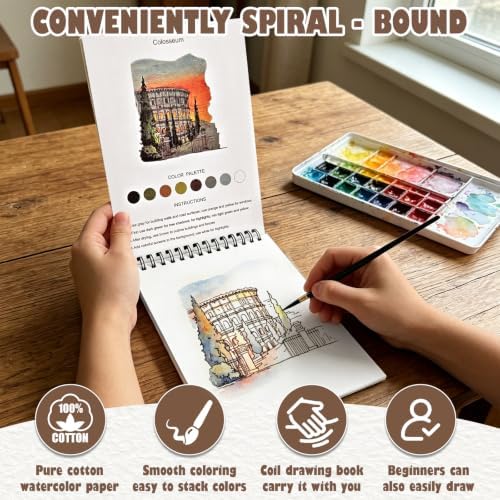 Watercolor Workbook, Water Coloring Book with 13 Pages, Architecture Theme Painting Practice Book with Pre-Drawn Outline Pages, Building Art Coloring Book for Adults, Beginners & Art Lovers - Image 3