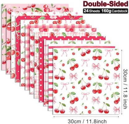 Pink Cherry Scrapbook Paper Pink Grid Pattern Papers Pad 12×12,24 Sheets Double-Sided Spring Bobo Floral Scrapbooking CardStock Paper Supplies for Holiday Cardmaking DIY Origami Papers. - Image 3