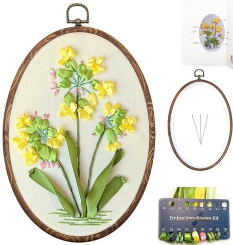 FONNUY Ribbon Embroidery 3D Flowers Pattern Design Kit Embroidery DIY Handwork Set Oval Home Decoration (Yellow Camellia) by FONNUY