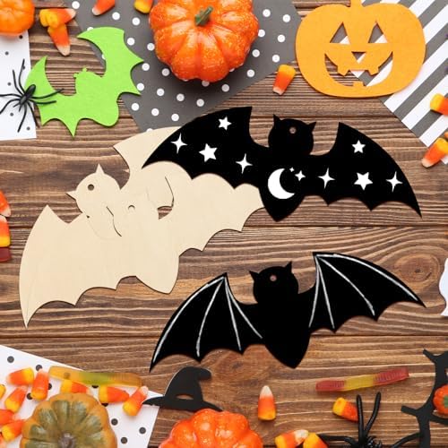 Large Size 7inch Wooden Halloween Ornaments to Paint,Bat Cutouts Unfinished DIY Blank Unfinished Pumpkin Wood Discs Ornament for Crafts Hanging Autumn Decorations 10PCS - Image 2