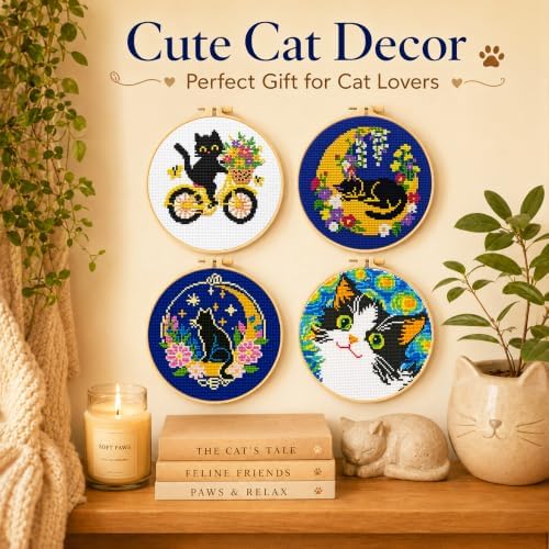 Zhenqing 4 Pack Cat Stamped Cross Stitch Kit for Beginners - Image 2