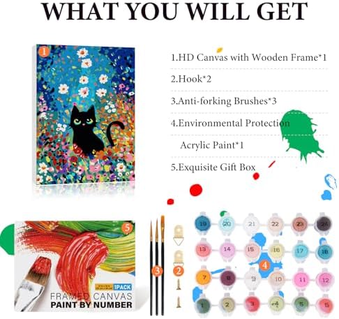 Fountor 12” W x 16”L Framed Paint by Numbers Kit for Adults Beginner, Black Cat Adult Paint by Number Kits on Canvas, Cat Flowers Acrylic Painting by Numbers for Home Decor Gift - Image 4