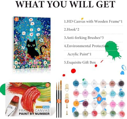 Fountor 12” W x 16”L Framed Paint by Numbers Kit for Adults Beginner, Black Cat Adult Paint by Number Kits on Canvas, Cat Flowers Acrylic Painting by Numbers for Home Decor Gift - Image 4
