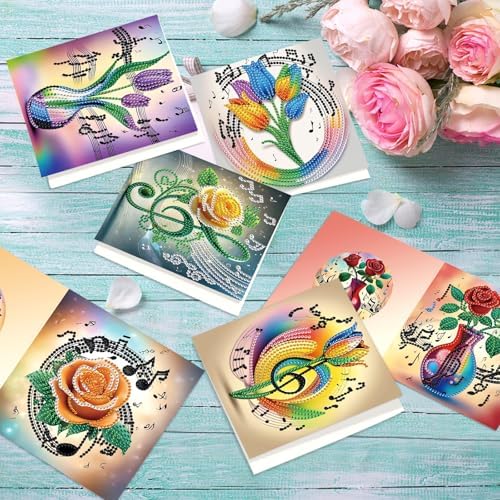 jinglinhh 12pcs Diamond Art Painting Romantic Rose Tulip Flower Bouquet Musical Notes Greeting Cards with Envelopes, DIY Card Making Kits for Adults, Diamond Art Postcards Christmas Cards Craft Gifts - Image 6