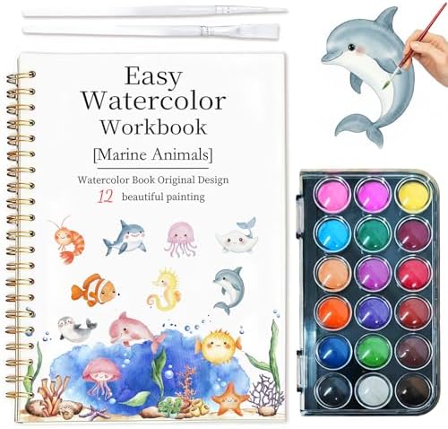 Easy Watercolor Workbook for Beginners - 12 Beautiful Step-by-Step Paintings Water Coloring Book, Includes 18 Colors Paints, Relaxing Art Projects and Creative Gift for Adults & Teen (Marine Animals) by Yangmics+Direct