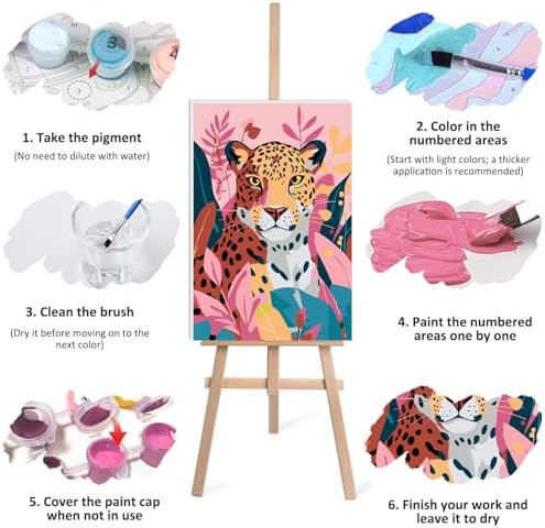 Lxmsja Cute Leopard Paint by Numbers Kit for Adults, Jungle Leaves Acrylic Paint by Numbers for Adults Beginner, DIY Craft Supplies Oil Painting Kits for Home Wall Decor 8x12 inch (Framed) - Image 7
