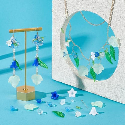 NBEADS 417 Pcs Acrylic Assorted Beads Kit, Tulip Flower Beads Caps Trumpet Flower Leaf Acrylic Pendants Leaf Loose Beads Earring Making Kit with Faceted Glass Beads Brass Ball Pins for Jewelry Making - Image 4