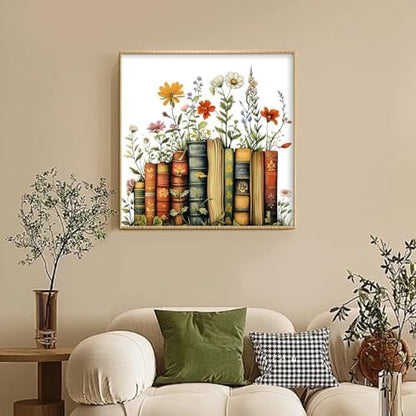 Camocin Framed Paint by Numbers Kit for Adults Beginner - Vintage Books and Wildflowers Paint by Number Canvas with Frame, Cottagecore DIY Acrylic Painting Kit for Book Lovers Home Decor 12x12 Inch - Image 2