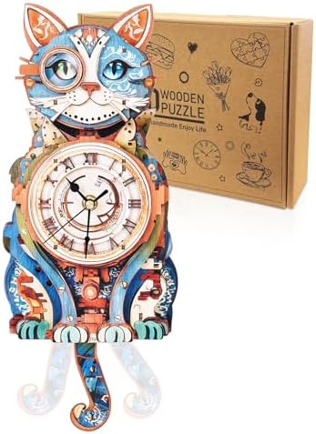 3D Puzzles for Adults Wooden DIY Cat Clock Puzzle Adult Crafts by Cutywood