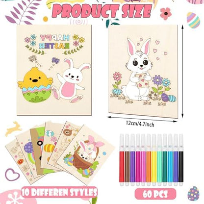 Soulchen 60 Pcs Large Easter Painting Crafts for Kids 4.7 x 3.9 Inch Unfinished Wood to Paint for Adults Bulk DIY Wooden Arts Kit for Coloring Bunny Eggs Flowers Ducks Crafts with 12 Crayons - Image 2