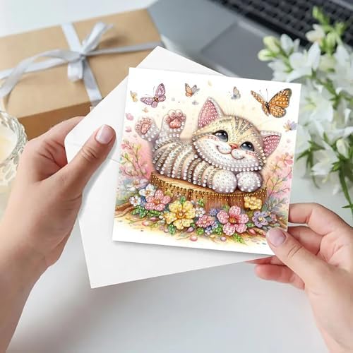 ARTopet 6Pcs Folding Greeting Card Diamond Art Painting Thank You Blessing Cards with White Envelope Rhinestones Painted Making Kits for Adults DIY Craft Holiday Gift-Cat02 - Image 7