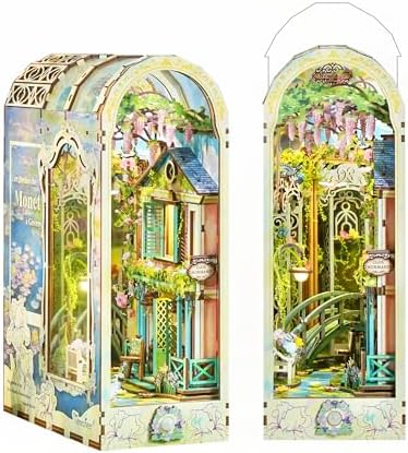 Tonecheer DIY Book Nook Kit for Adults, 3D Puzzle Wooden Miniature House Kit, Booknook Dollhouse Bookshelf Insert Decor Bookend with Dust Cover and LED Lights Gifts (Giverny Garden) by Tonecheer
