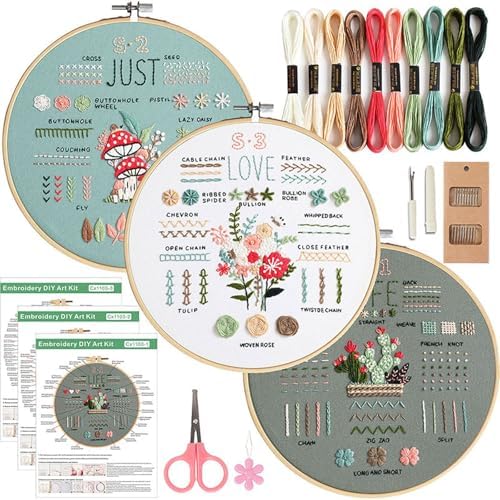 FEIYUENO 3 Sets Just-Love-Life Plant Beginner Embroidery Kit for Adults by FEIYUENO