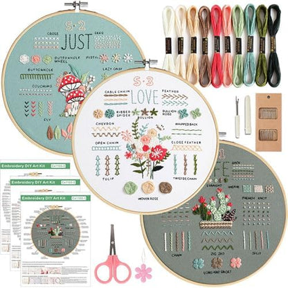 FEIYUENO 3 Sets Just-Love-Life Plant Beginner Embroidery Kit for Adults by FEIYUENO
