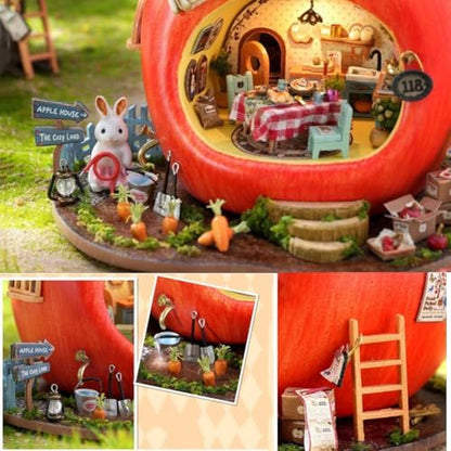 Dollhouse Miniature DIY House Kit,Mini 3D Wooden Doll House Craft Model with LED Creative Room Perfect DIY Gift for Friends, Lovers and Families (Rabbit Apple House) - Image 5