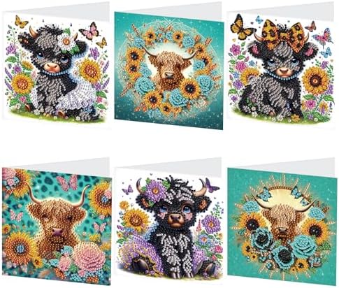 Tontut 6pcs Diamond Art Painting Kit Greeting Card, Sunflower Yellow Cow 5D DIY Diamond Handmade Holiday Greeting Card with Envelope, Holiday Gift Congratulation by Tontut